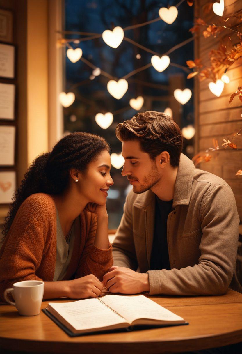 A warm, inviting scene depicting two diverse individuals sharing a heartfelt conversation in a cozy coffee shop, surrounded by soft, glowing lights. Elements of love like heart-shaped leaves decoratively floating around them, showcasing deep emotional connections. Include a notebook with handwritten notes on relationship tips placed on the table. super-realistic. warm colors. soft lighting.