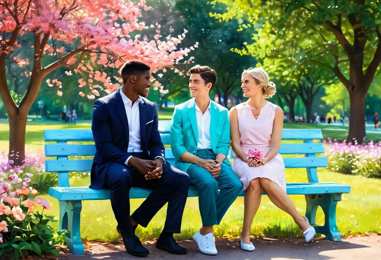 A serene couple sitting together on a vibrant park bench, engaging in deep conversation with a glowing heart symbol hovering above them, surrounded by blooming flowers that represent growth in love. In the background, a well-dressed life coach observes with a warm smile, offering encouragement. soft pastel colors. digital painting. romantic atmosphere.