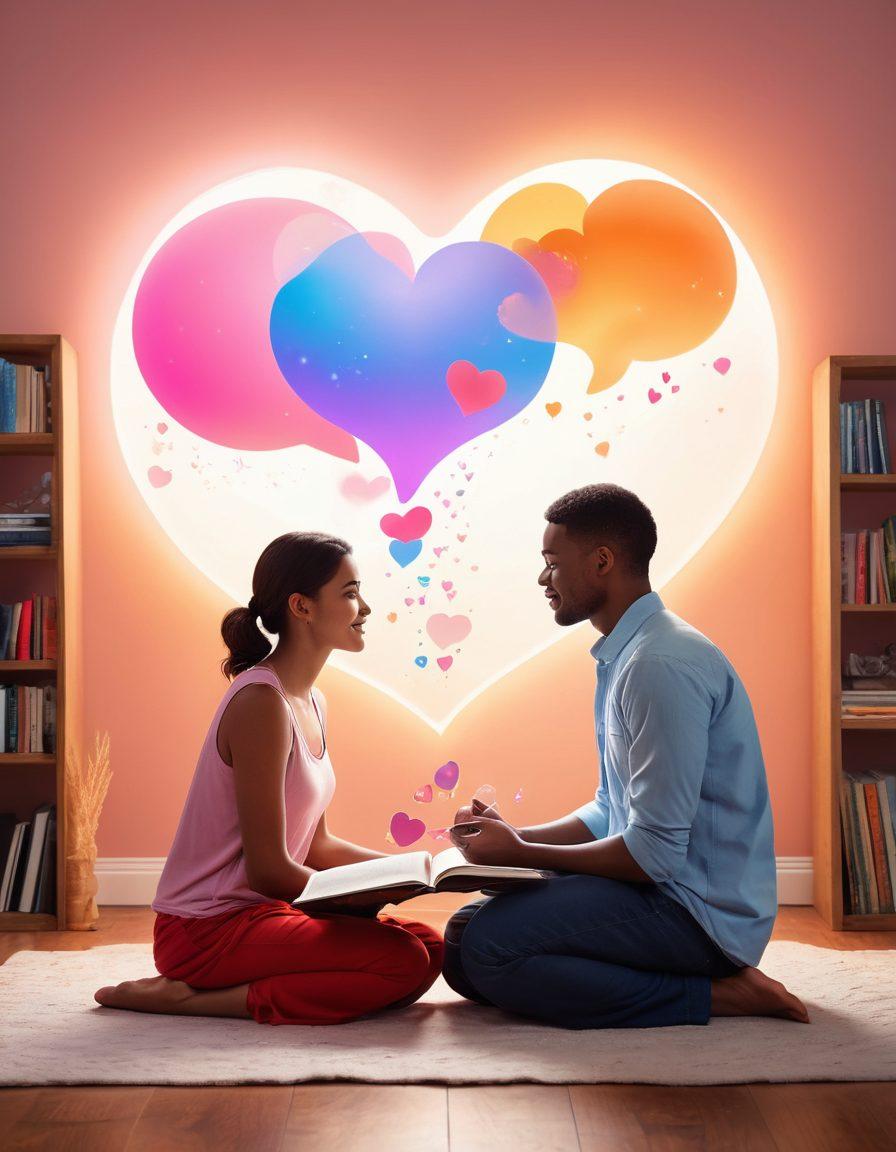 A warm, inviting scene of two people engaging in a heartfelt conversation, surrounded by symbolic representations of emotions like hearts, brainwaves, and colorful thought bubbles. The background features soft, calming colors to enhance the atmosphere of connection and understanding. Include elements like an open book and a glowing light to symbolize knowledge and enlightenment. super-realistic. vibrant colors. soft focus.
